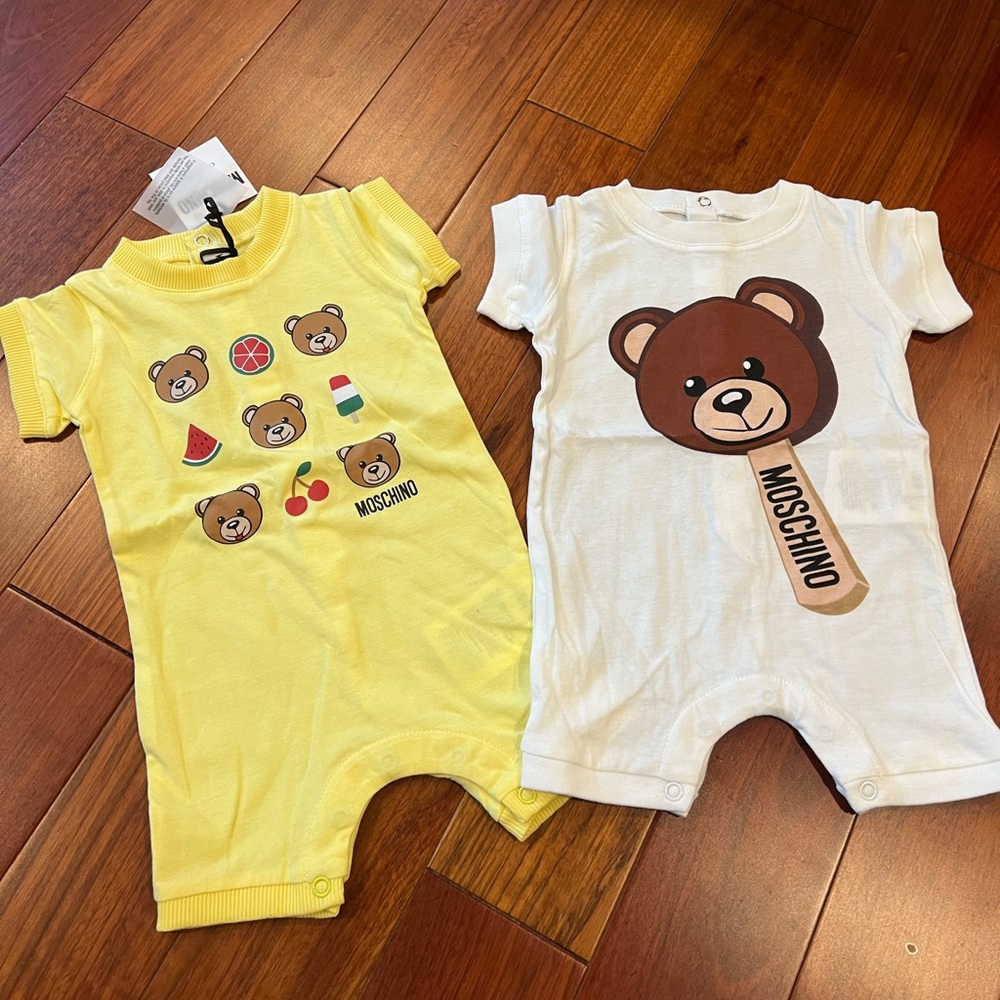 Moschino Yellow and White Teddy Bear Print One-Pieces Bodysuits